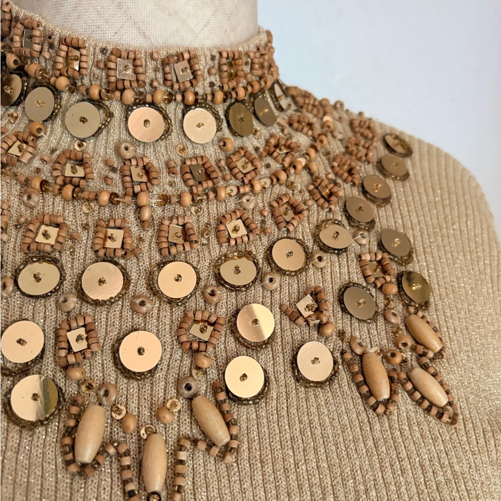 Vtg Once Again Womens M Gold Sequin Beaded Ribbed Knit Long Sleeve Sparkle Top - Picture 5 of 12